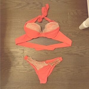 Beach Bunny Coral Pink Bikini Set with Lace Accents
